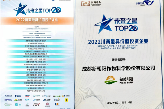 2022（第三屆）未來(lái)大會(huì)，成都新朝陽(yáng)榮獲“2022川商最具投資價(jià)值TOP20企業(yè)”